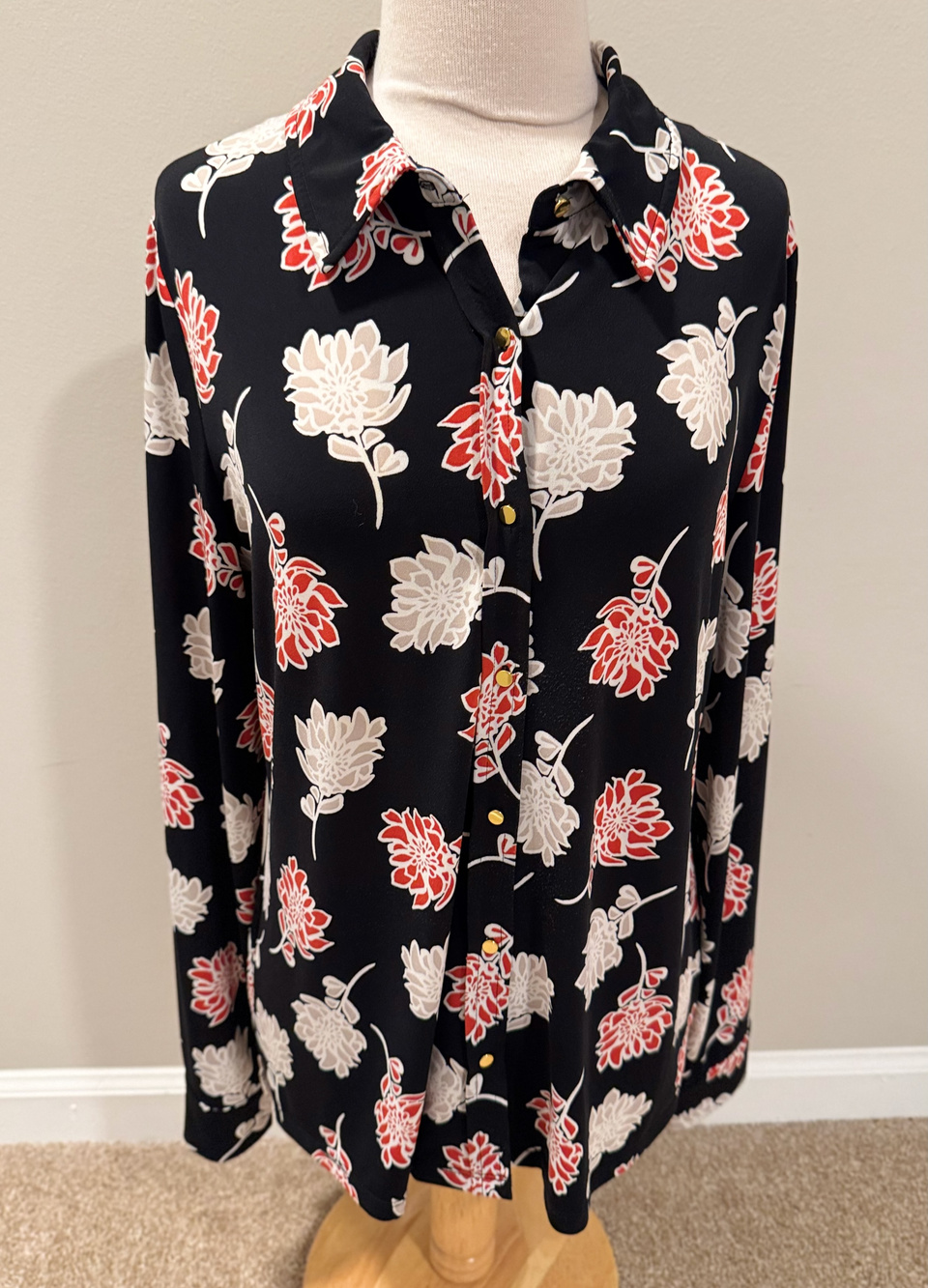 Calvin Klein Womens Large L/S Blouse Black Red Floral Gold Button Shirt